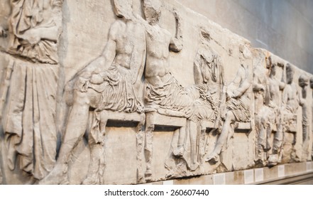 LONDON, UK - NOVEMBER 30, 2014: British Museum Exhibition Hall. Ancient Greek Collection Of Pantheon 