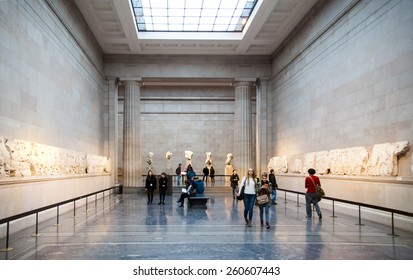 LONDON, UK - NOVEMBER 30, 2014: British Museum Exhibition Hall. Ancient Greek Collection Of Pantheon 