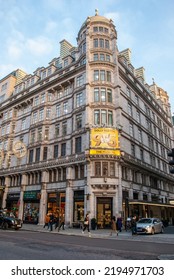 London, UK - November 5, 2019 - The Corner View West End Savoy Theater, With 'Dolly Parton 9 To 5 Musical' Billboard On The Facade  In The Strand In The City Of Westminster, London, England