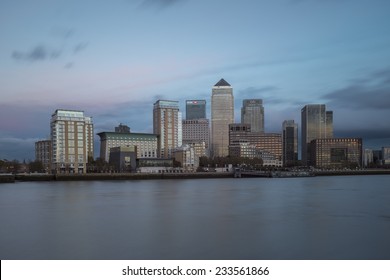 LONDON, UK - NOVEMBER 7 2014 - Early evening view of Canary Wharf London taken from the opposite side of the river Thames