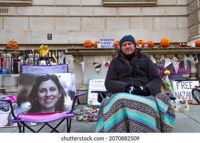 London, UK - November 7th 2021: Richard Ratcliffe, husband of Nazanin Zaghari-Ratcliffe, who is a British citizen who is being held in Iran, on day 15 of his hunger strike outside the Foreign Office.