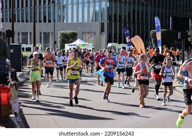 London, UK - Oct 02 2022: London Marathon. Runners At Canary Wharf