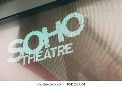 LONDON, UK - OCT 22, 2017. The Energetic Streets Of Soho, In The West End, Feature An Eclectic Mix Of Dining, Nightlife And Shopping Options. Close-up Sign Of Soho Theatre.