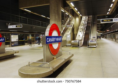 London, UK - Oct 27, 2017 - The underground station of Canary Wharf. Canary Wharf is a new directional district built on the old docks.