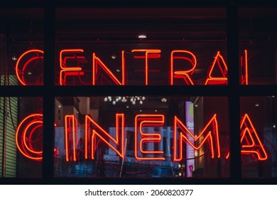 London, UK - October 02, 2021: Central Cinema Illuminated Sign At The Window Of Picturehouse Central In London. Picturehouse Cinemas Are A Group Of 26 Neighbourhood Cinemas In UK.