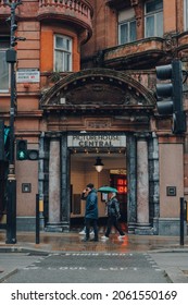 London, UK - October 02, 2021: Entrance To Picturehouse Central Cinema In London, People Walk Past, Motion Blur. Picturehouse Cinemas Are A Group Of 26 Neighbourhood Cinemas In UK.