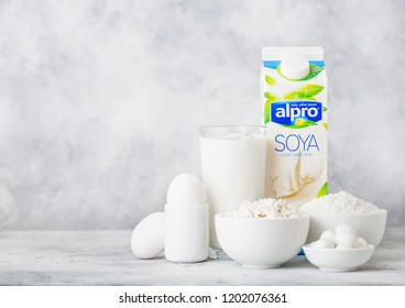 LONDON, UK - OCTOBER 07, 2018 : Plastic Bottle Of Alpro Soya Milk, Bowl Of Cottage Cheese And Baking Flour And Cheese