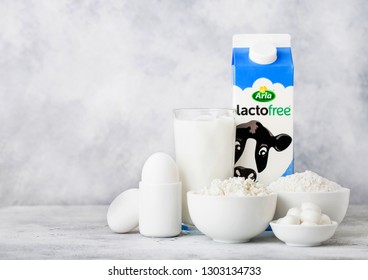 LONDON, UK - OCTOBER 07, 2018 : Plastic Bottle Of Arla Lacto Free Milk, Bowl Of Cottage Cheese And Baking Flour And Cheese