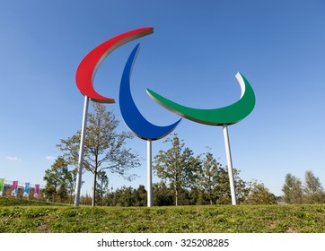 LONDON, UK - OCTOBER 1, 2015: The Paralympic Games symbol in the new Queen Elizabeth Olympic Park, a legacy from the 2012 games in the large well landscaped recreation area at Stratford, east London.