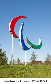 LONDON, UK - OCTOBER 1, 2015: The Paralympic Games symbol in the new Queen Elizabeth Olympic Park, a legacy from the 2012 games in the large well landscaped recreation area at Stratford, east London.