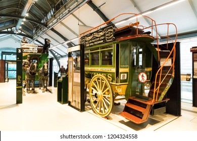 London, UK - October 1, 2018: vintage cars and buses as public traffic in London Transport Museum, the UK. This is an interior of the London Transport Museum