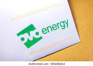 London, UK, October 12th 2021: An OVO Energy Electricity Fuel Bill, Close-up Of Letter And Logo. OVO Energy Is An Energy Supply Company Based In Bristol, England.  Renewable Energy. Copy Text Space.