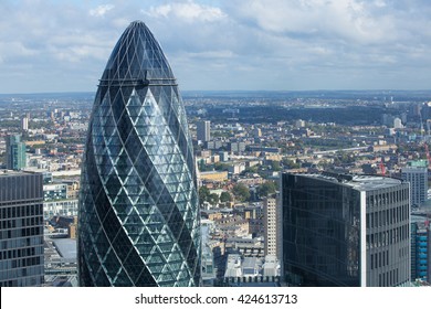 LONDON, UK - OCTOBER 14, 2015.  Gherkin - iconic symbol of modern London, one of  the widely recognised office block building. View from the 32 floor