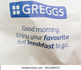 London, UK - October 14, 2020: Greggs Bakery White Paper Bag With The Words 