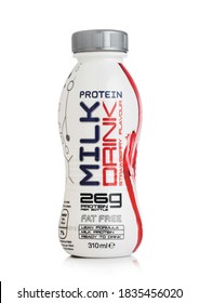 LONDON, UK - OCTOBER 14, 2020: Bottle Of Protein Milk Drink With Strawberry Flavour On White Background.