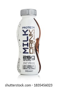 LONDON, UK - OCTOBER 14, 2020: Bottle Of Protein Milk Drink With Cocoa Flavour On White Background.