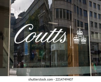 London, UK, October 15th 2022: The Main Glass Door Entrance Sign. Coutts And Co Is A Chain Of High Street Banks With Branches All Over London And The UK. Branch Located At 440 Strand, London WC2R 0QS.