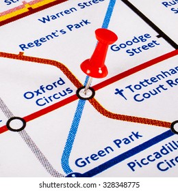 LONDON, UK - OCTOBER 16TH 2015: A map pin marking the location of Oxford Circus Underground Station on a London Tube Map, on 16th October 2015.