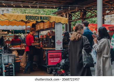 London, UK - October 17, 2021: Change Please Coffee Stall Inside Borough Market. Change Please Is A Social Enterprise That Provides Homeless People With Everything Required To Become Baristas.