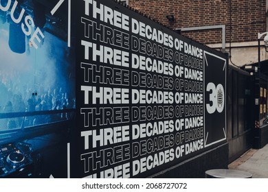 London, UK - October 17, 2021: Three Decades Of Dance Sign Outside Ministry Of Sound In Elephant And Castle, A Flagship All-night Club From Trailblazing Global Dance And House Music Brand.