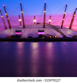 London, UK - October 18, 2016 - The O2 Arena at sunset against purple sky