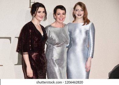 LONDON, UK. October 18, 2018: Rachel Weisz, Olivia Colman and Emma Stone at the London Film Festival screening of "The Favourite" at the BFI South Bank, London.
 - Shutterstock ID 1206462820
