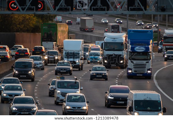 LONDON, UK - OCTOBER 18, 2018: Evening heavy
traffic on busiest British motorway
M25