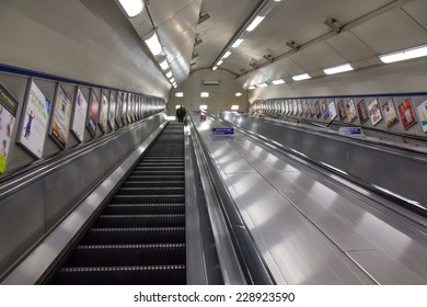 LONDON, UK - OCTOBER 18: Empty escalator deep in the London Underground, UK, on October 18, 2014. 