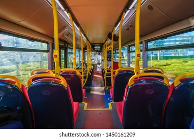 LONDON, U.K. - October 19, 2018: Inside View Of An Empty London Bus On The Road.