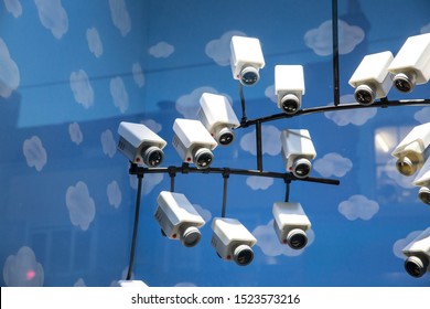 London, UK - October 2, 2019: Baby Mobile, Art on display by Banksy at the street artist's Gross Domestic Product temporary showroom in Croydon, South London. Detail of the CCTV "toy"