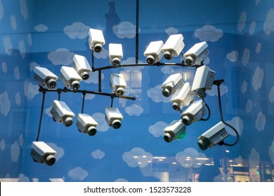 London, UK - October 2, 2019: Baby Mobile, Art on display by Banksy at the street artist's Gross Domestic Product temporary showroom in Croydon, South London. Detail of the CCTV "toy".
