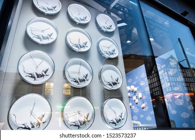 London, UK - October 2, 2019: Art on display by Banksy at the street artist's Gross Domestic Product temporary showroom in Croydon, South London. Clocks