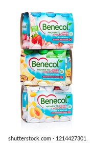 LONDON, UK - OCTOBER 20, 2018: Six Pack Of Benecol Lower Cholesterol Yogurt Drink With Fruits On White Background. 