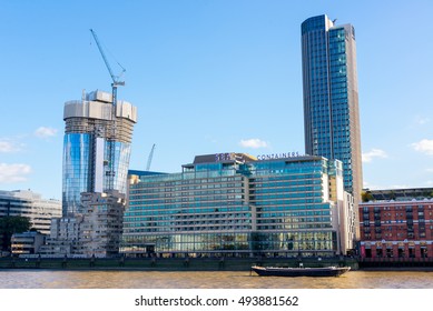 London, UK - October 2016: Sea Containers House On The South Bank Of River Thames Hosting Boutique Hotel, Restaurant And Office Space. New South Bank Tower And One Blackfriars Skyscrapers Next To It.