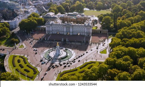 London, UK - October 2018: Aerial View Of Royal Residence Buckingham Palace Feat. Victoria Memorial. Famous Iconic Monarch Building Of The United Kingdom Located In The City Of Westminster, England UK