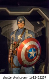 London, UK - October 2018: Madame Tussauds Waxwork Museum, Captain America Steve Rogers, Realistic Lifelike Model