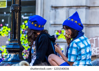 London / UK - October 2018: Two Kids In EU Hats During Brexit Demonstration In London UK