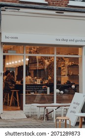 London, UK - October 23, 2021: Facade of be-oom tea shop and garden in Exmouth Market, a semi-pedestrianised street in Clerkenwell, Islington, and a famous street market.