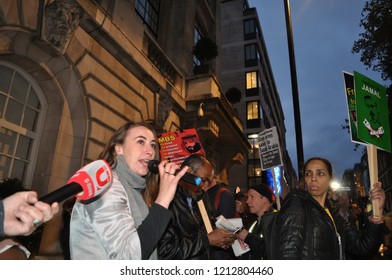 London, UK- October 25 2018: Speakers At The Demonstration In London Outside Saudi Arabian Embassy Talking About The War On Yemen And The Murder Of Dissident Journalist Jamal Khashoggi In Turkey.