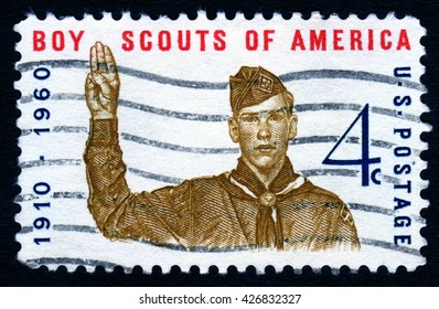 London, UK, October 27 2007 â?? United States Of America 1960 Vintage Cancelled Postage Stamp Commemorating The 50th Anniversary Of The Boy Scouts Of America