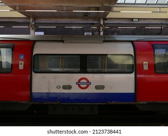 London, UK. October 6th 2017. Close Up Of The Side Of A Tube Train With The London Underground Logo.