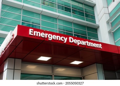 London, UK, October 9th 2021:University College London Hospital, Emergency Department red sign. 235 Euston Rd, London NW1 2BU. Healthcare and NHS.