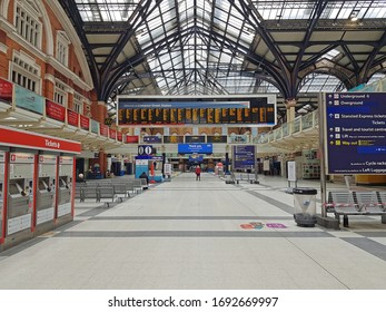 In London UK On March 30th 2020 Major UK Rail Transport Hub At London Liverpool Street Has Only A Handful Of Essential Worker Passengers, Days After The Full UK Coronavirus Lockdown 