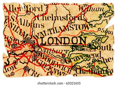 London, UK On An Old Torn Map From 1949, Isolated. Part Of The Old Map Series.