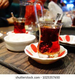 London, UK. A Saucer In A Restaurant With A Cup Of Turkish Tea. 