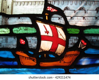London, UK, September 1 2010 - Image Of A Tudor Galleon On A Stained Glass Window At The Early Medieval Church Of All Hallows By The Tower