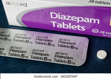 LONDON, UK – SEPTEMBER 1, 2020: Box and blister pack of diazepam 2mg tablets for disorders including anxiety, seizures, insomnia and withdrawal