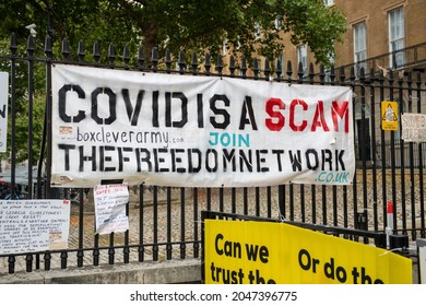 London, UK - September 10th 2021: Banners And Placards About Covid