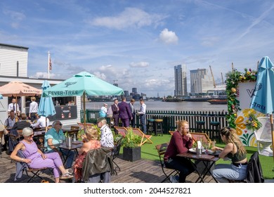 London, UK - September 12 2021: The Gun Pub Garden In Docklands With View Of The River Thames And The O2 Arena