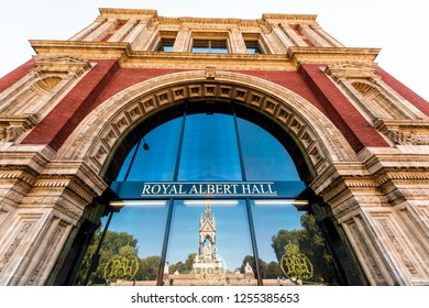 London, UK - September 13, 2018: Neighborhood District Of Kensington, Royal Albert Hall Low Angle Reflection Exterior Facade Low Wide Angle, Music Opera House